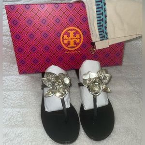 Tory Burch Blossom Jelly Thong Sandal in Black with Hibiscus Flower